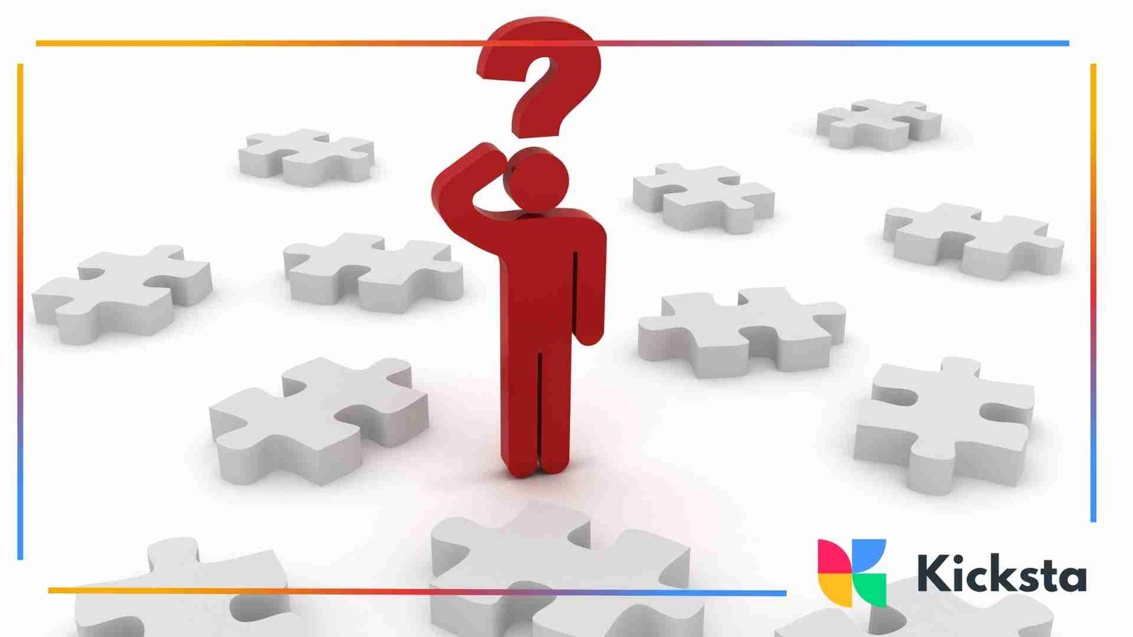 Red human figure with question mark standing among scattered puzzle pieces on white background