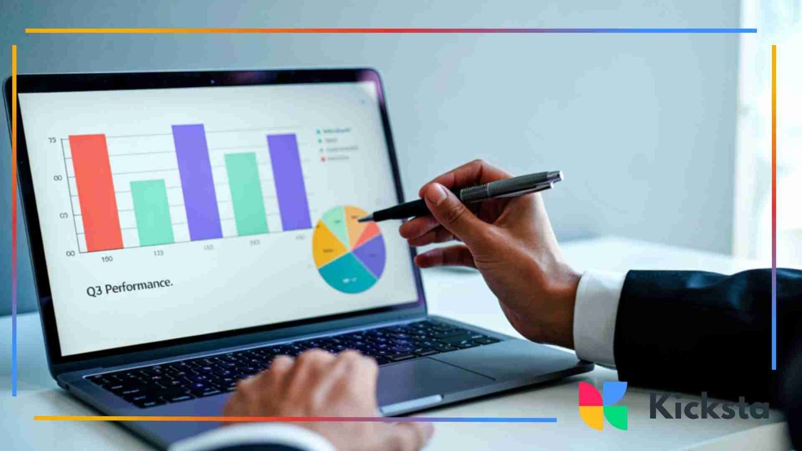 Hand pointing at a laptop screen displaying bar and pie charts showing performance metrics.