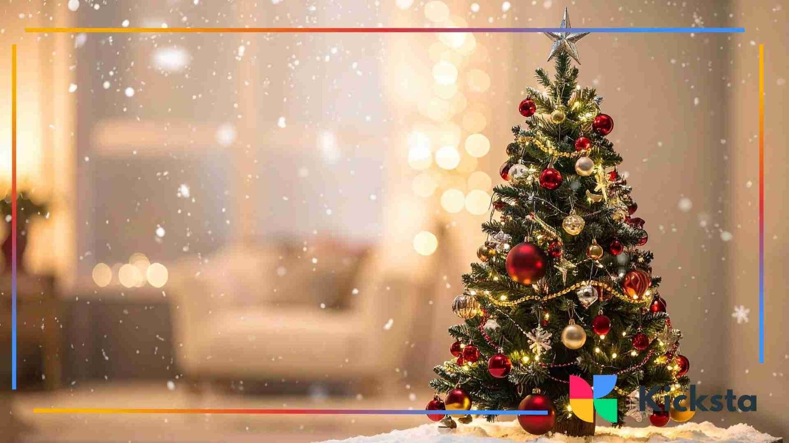 Decorated Christmas tree with red and gold ornaments, glowing lights, and soft snowfall effect in a cozy living room.
