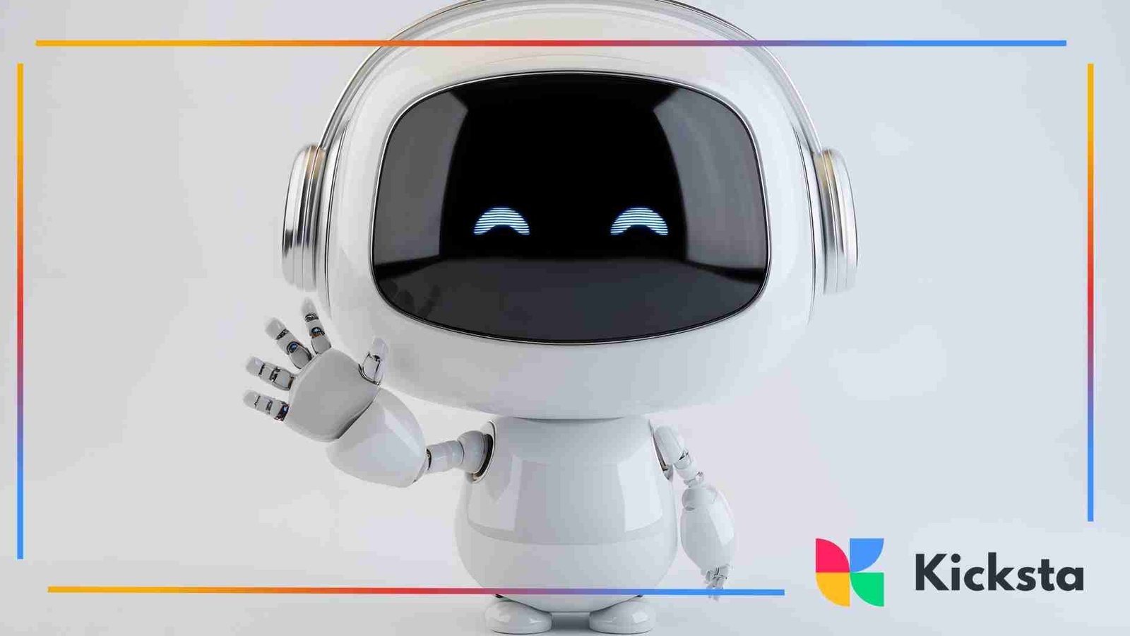 White robot character with a digital face waving against a light background.