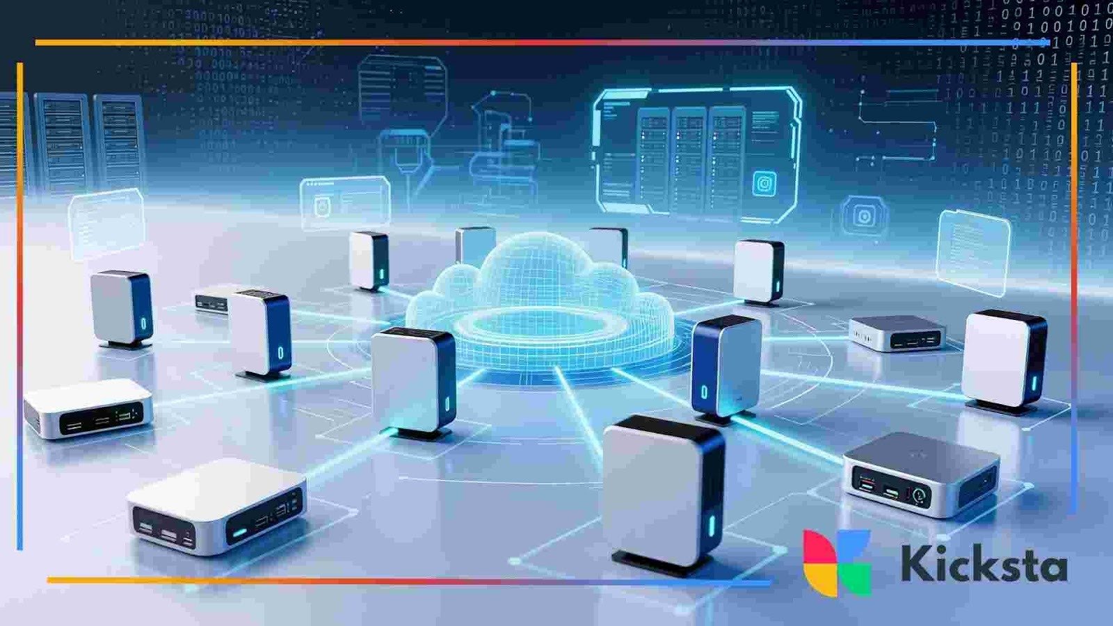 Abstract illustration of connected devices and servers surrounding a central cloud icon.