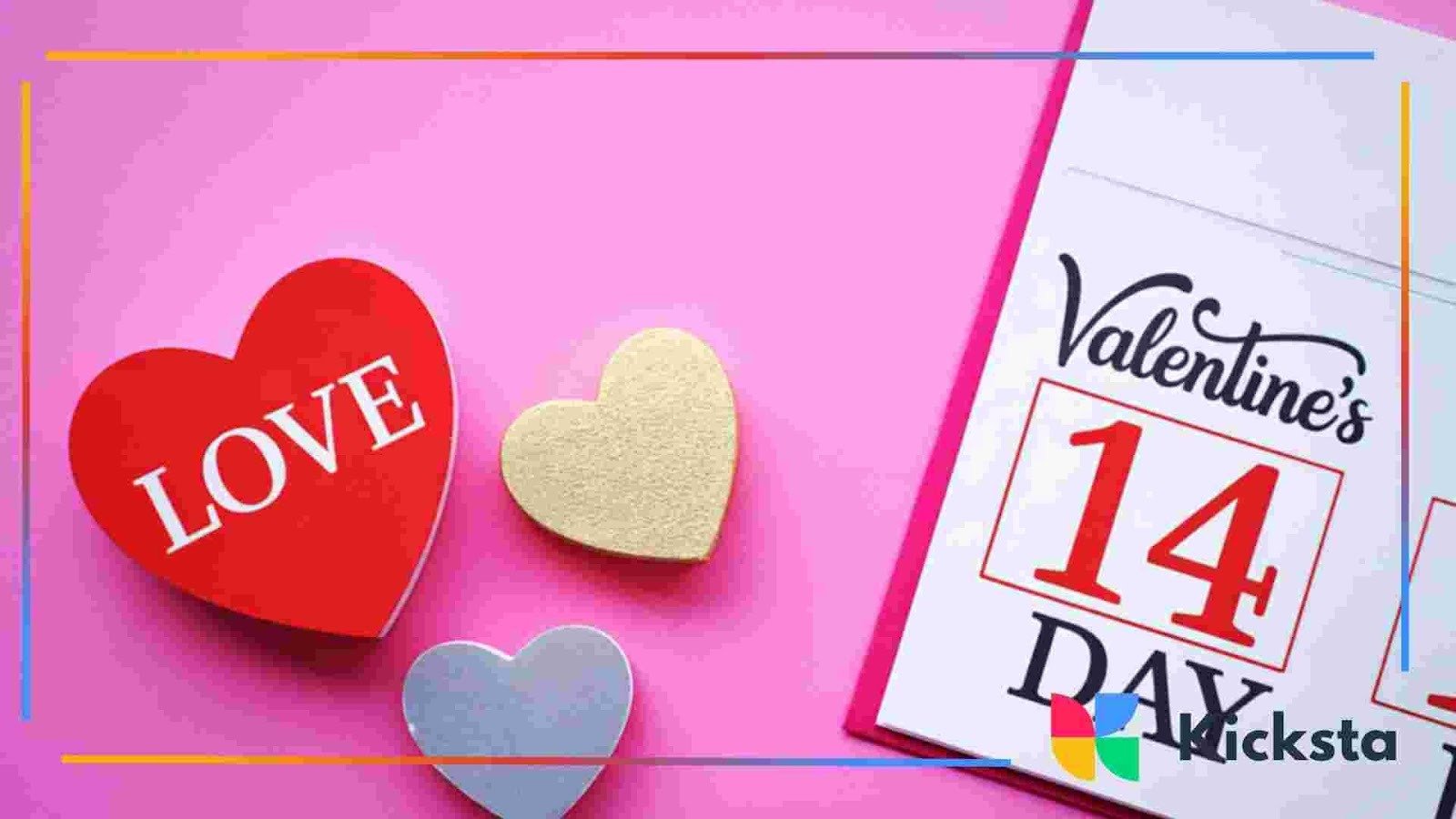 Calendar page showing February 14 next to decorative heart shapes on a pink background.