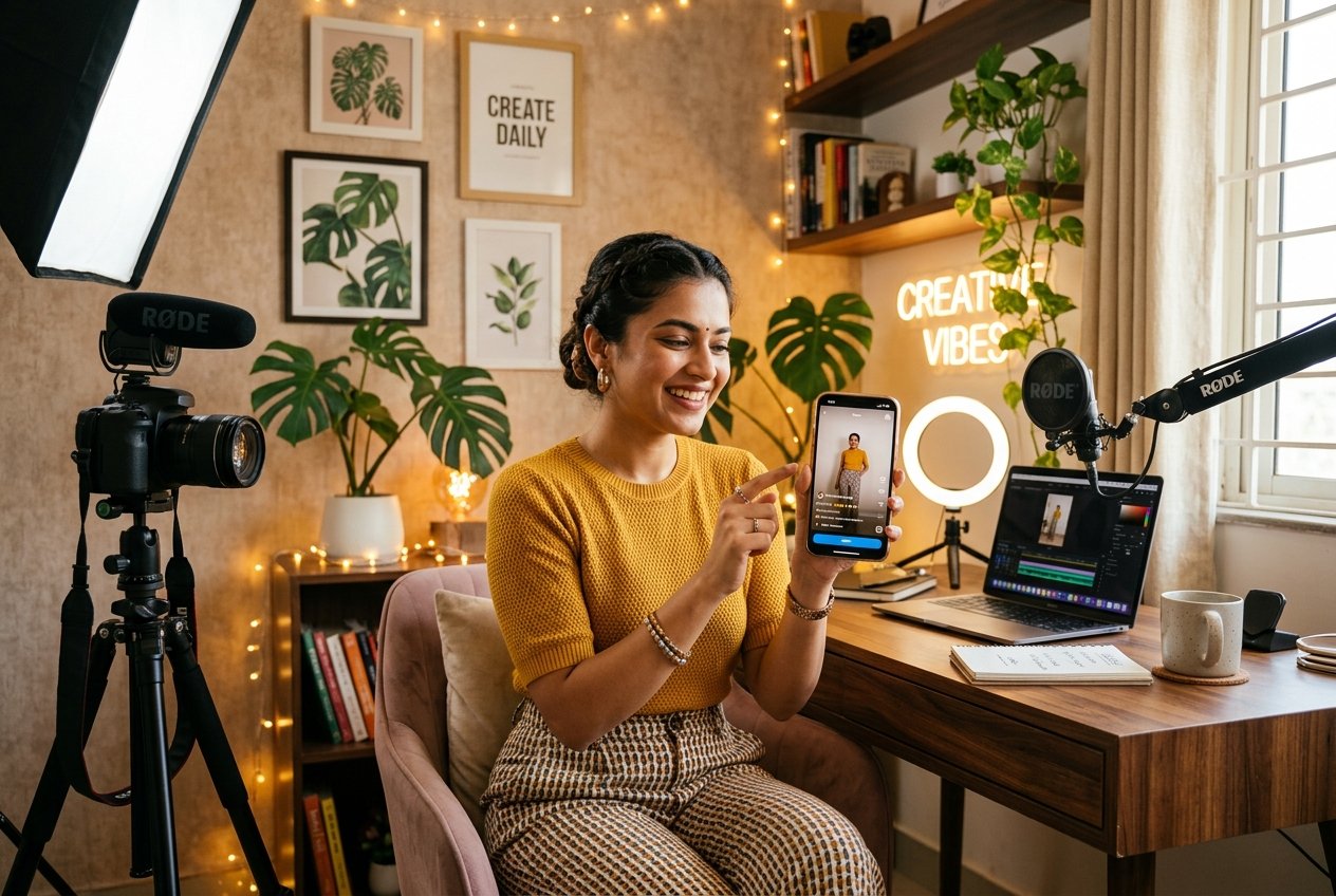 Content creator holding a phone